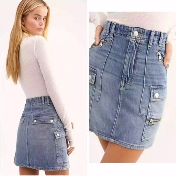 Free People Cargo Denim Mini Skirt With Utility Zippers Size 24 - Picture 9 of 9